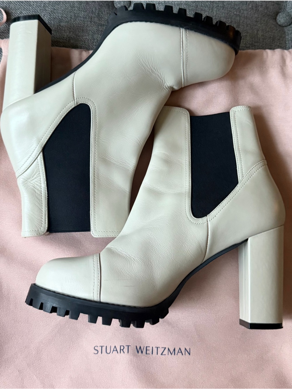 Stuart Weitzman Wenda - Cream Leather Lug-Sole Block Heel Chelsea Bo